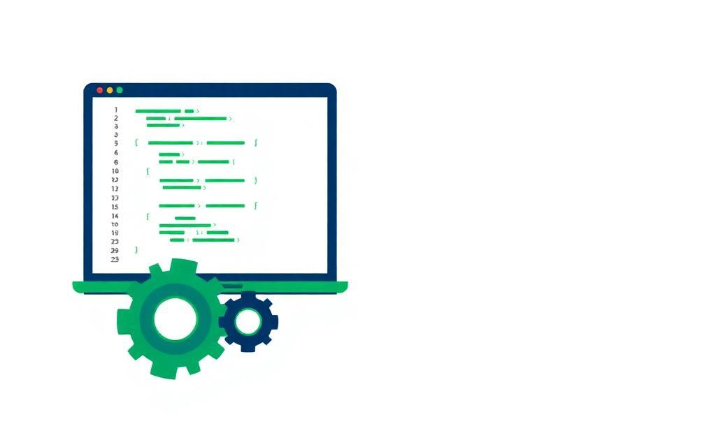 Web development illustration with code editor and gears