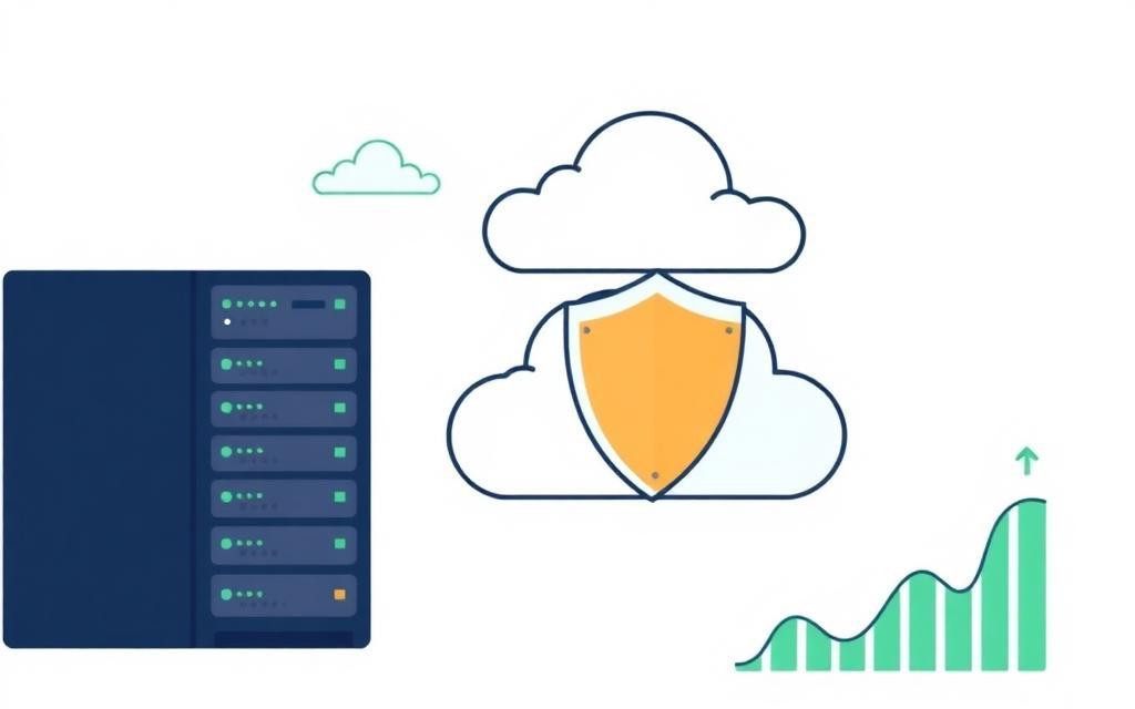 Web hosting illustration with server rack, cloud and security shield