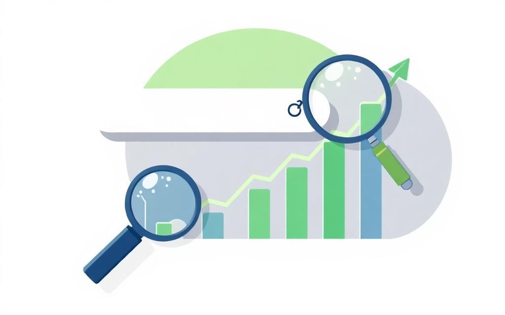 SEO illustration with magnifiers and rising ranking chart